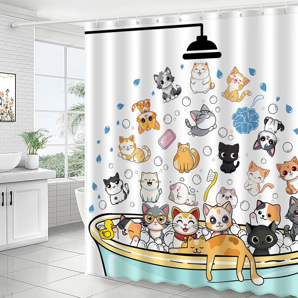 Cute Cat Shower Curtain Set, Funny Cartoon Kids Home Bathroom Decor Polyester Waterproof Fabric Bath Curtain with 12 Hooks