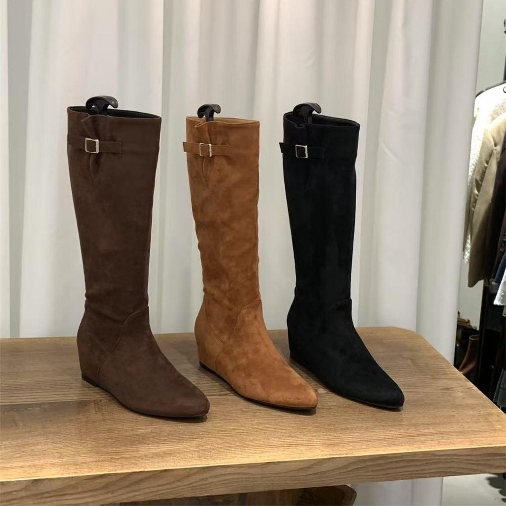 Inner Heightening Pointed Suede Pile Medium Boots Women's Boots 2025 Fall/Winter Brown Maillard Skinny Boots