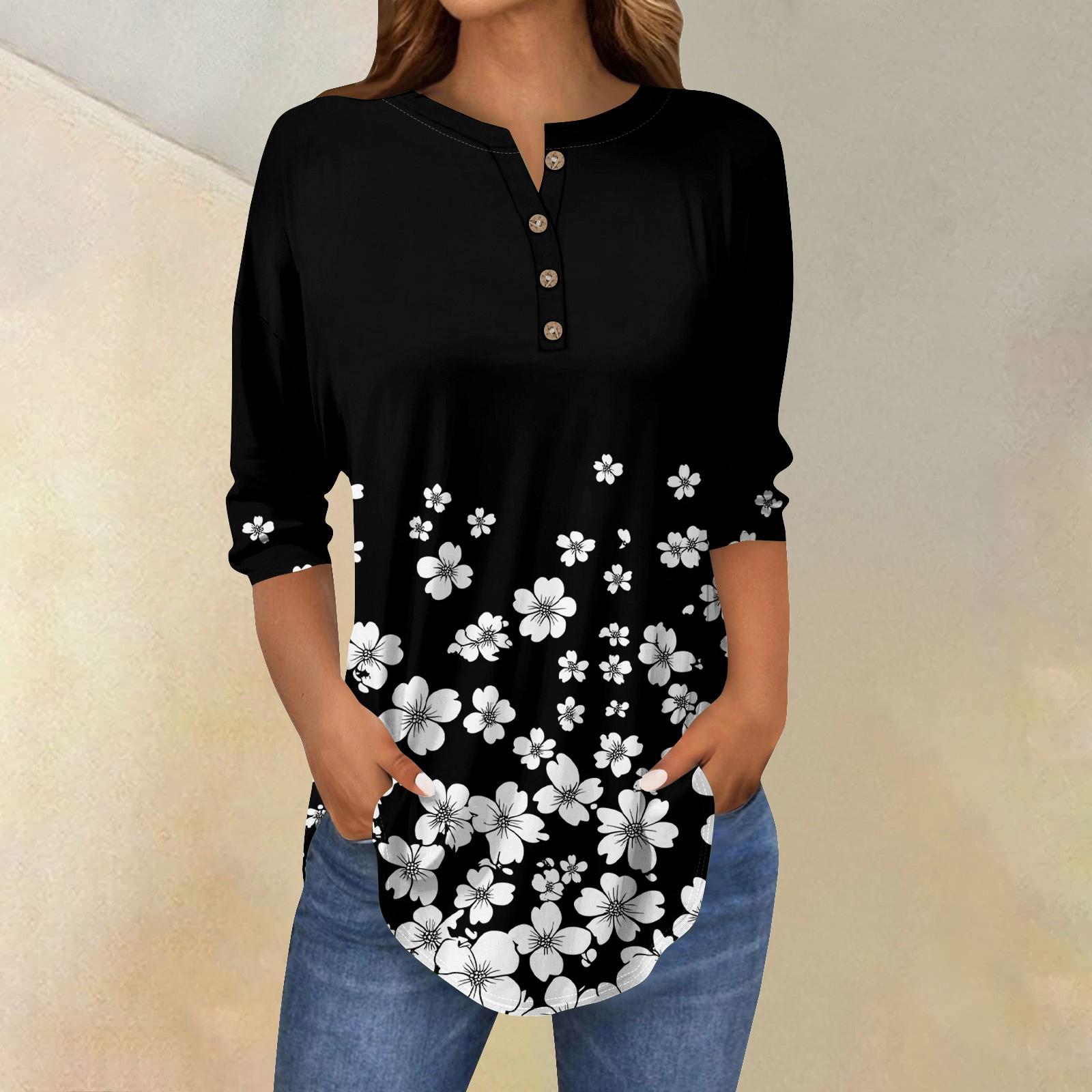 

Женские топы с рукавами 3/4, летние футболки с цветочным принтом и V-образным вырезом, повседневные базовые футболки с пуговицами, туники S чёрный