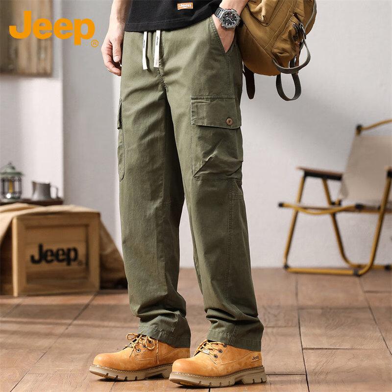 JEEP Men's Cargo Pants, Spring And Autumn Casual Trousers, Loose-Fitting Pure Cotton Straight-Leg Pants for Men, Army Green, Size L