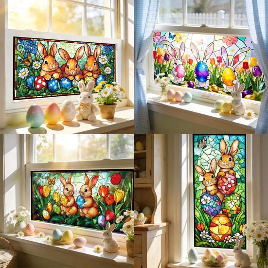 Yousheng Easter Window Clings Stained Glass Bunny UV Resistant Window Privacy Film Removable Static Decals for Living Room Bedroom Bathroom