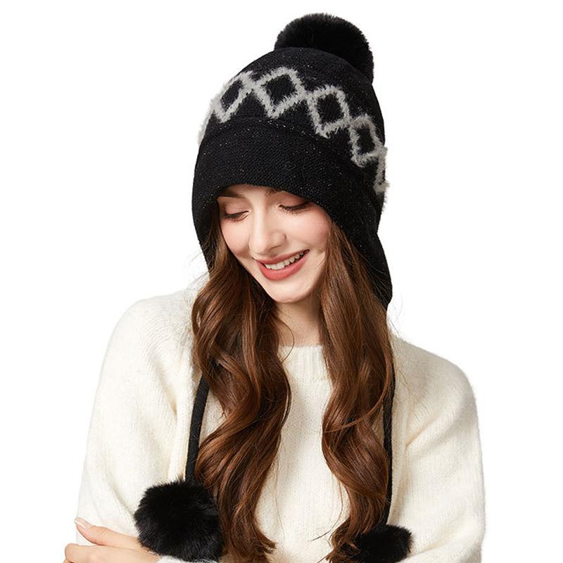 Winter Knitted Hat Big Head Cashmere Three Hair Ball Ear Protection Wool Hat for Women