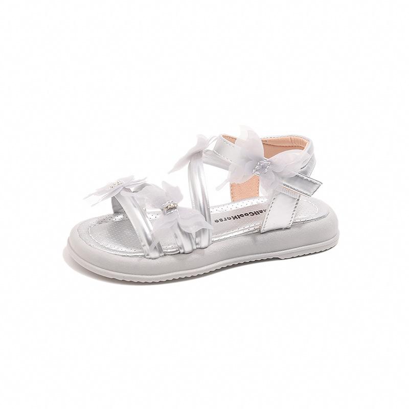 

Fashion Versatile Bow Tie Girls Shoes 2025summer New Kids Casual Sandals Soft Soled Girl Flat Sandals Anti Slip Child Beach Shoe 36insole22cm серебряный
