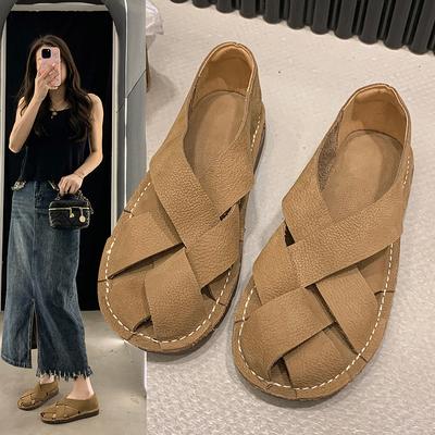 2026 Leather Women's Sandals Top Layer Cowhide Handmade Woven  Women Casual Flats the Retro Art Mori Girl Shoes