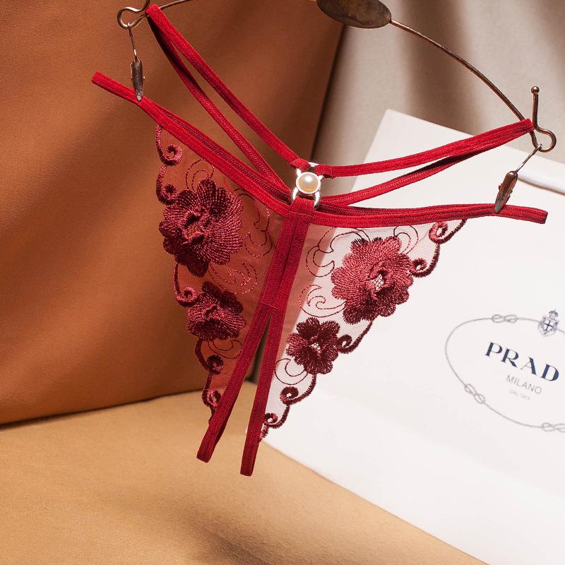Women's Sexy Lace-Up Mesh Embroidered Thong with Pearl Detail and Open Crotch