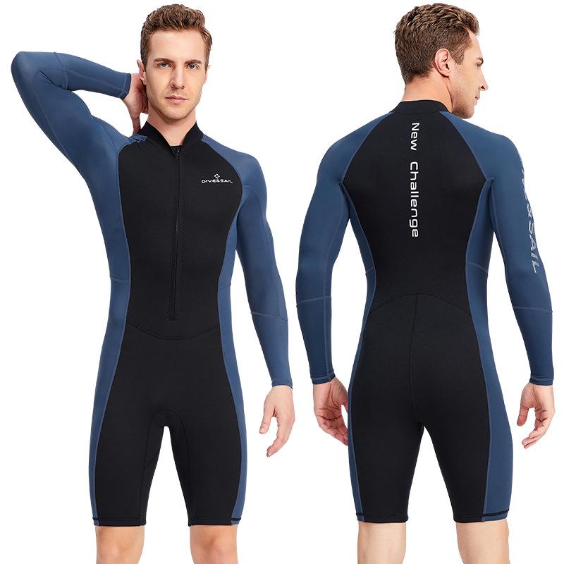 Men's 1.5mm One-Piece Long Sleeve Wetsuit for Diving, Snorkeling, and Surfing - Lycra Sun Protection.