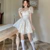 Summer Mori French Dress Square Neck Bubble Sleeve Fish Bone Pinch Waist Dress Jacquard Princess Pure Dress