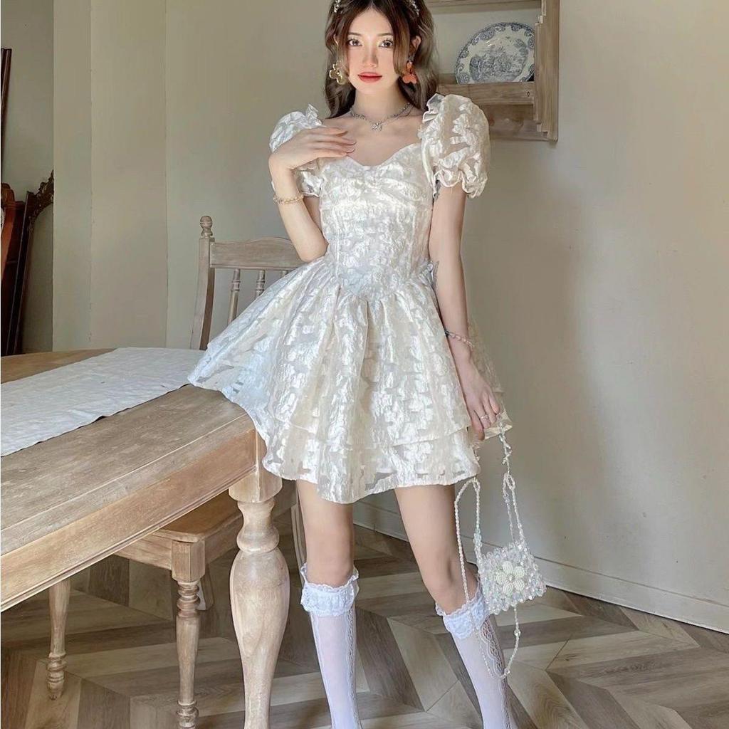 Summer Mori French Dress Square Neck Bubble Sleeve Fish Bone Pinch Waist Dress Jacquard Princess Pure Dress