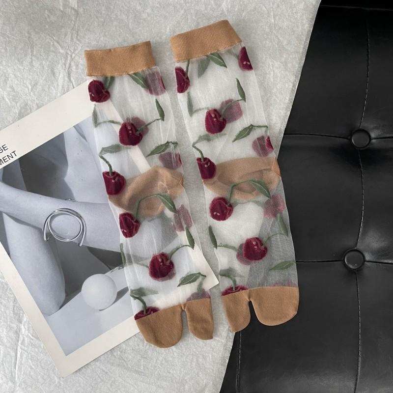 Ultra-Thin Transparent Woman Split Toe Socks Red Cherry Pattern Summer Crystal Silk Hollow Out Sheer Two-Toed Japanese Tabi Sox