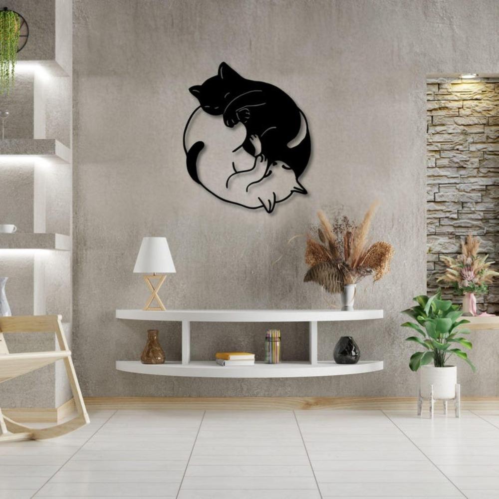 Black Metal Yin Yang Cat Wall Art, Minimalist Animal Decor, Gift for Cat Lovers