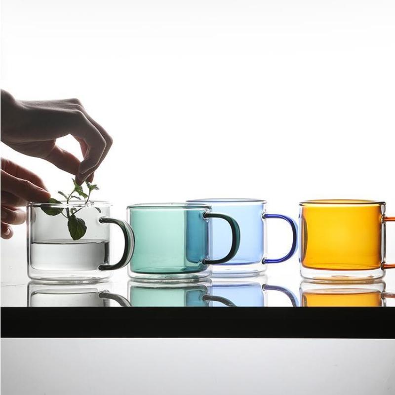 1PC Double-layer Colored Glass Cup Household Glass Beverage Juice Milk Tea Office Desk Light Color Transparent Tea Cup