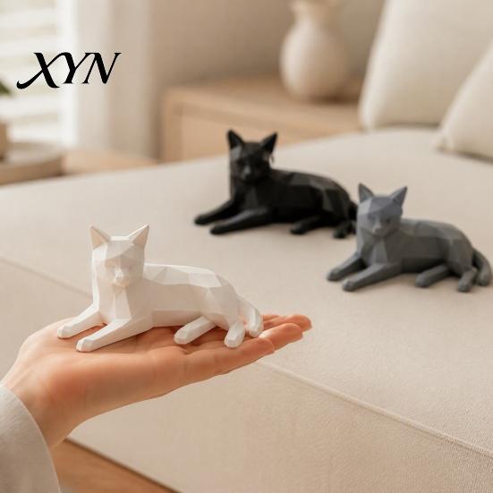 Cute Shelf Accents for Living Room 3D Printed Geometric Cat Figurine, Minimalist Desktop Sculpture Lovers, Small Desk Ornaments Lovers Nordic