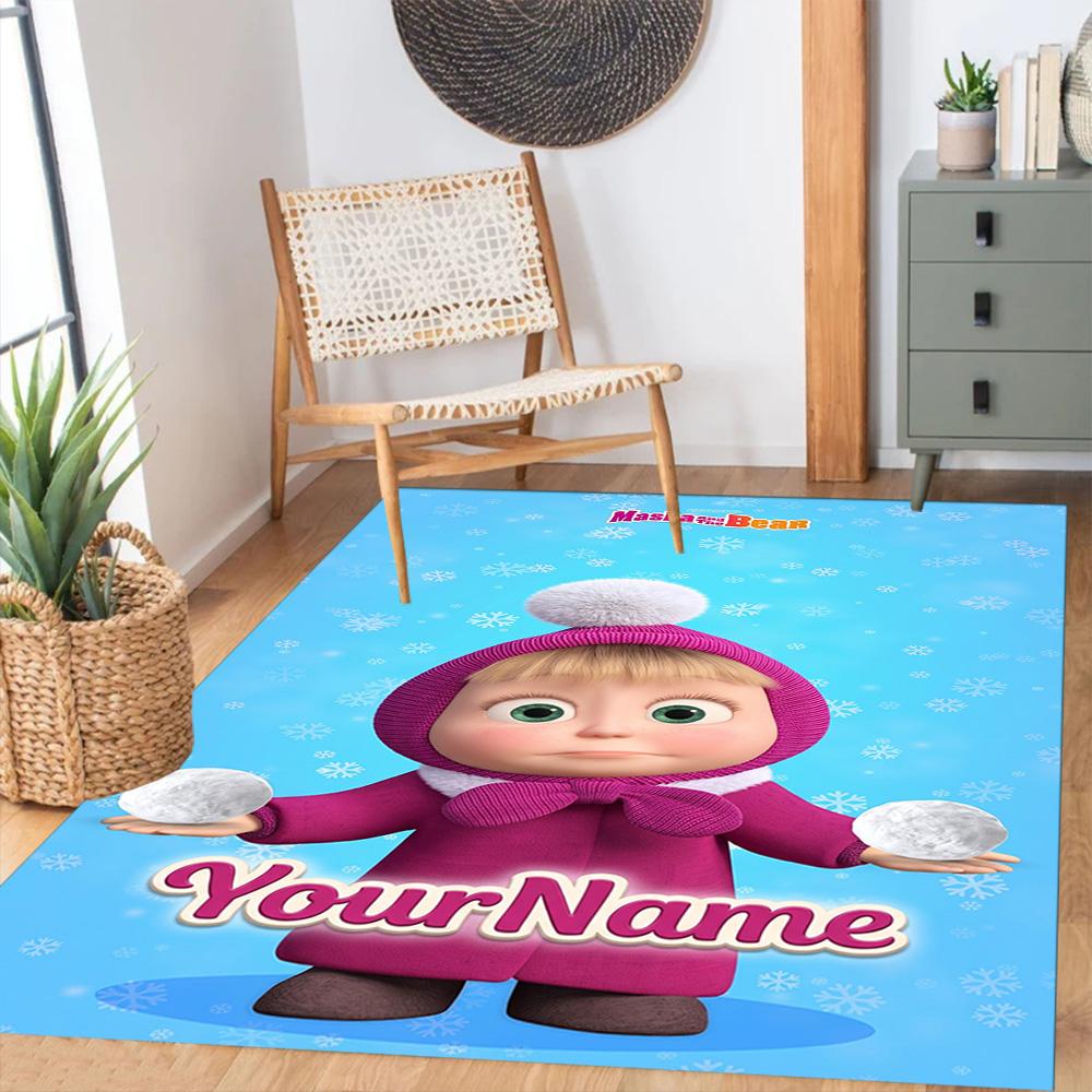 Masha Bear Customizable Name Floor Mat Design for Hallway Playrooms Entryway Outdoor Anti-slip Rug Anime Office Decor Best for Christmas