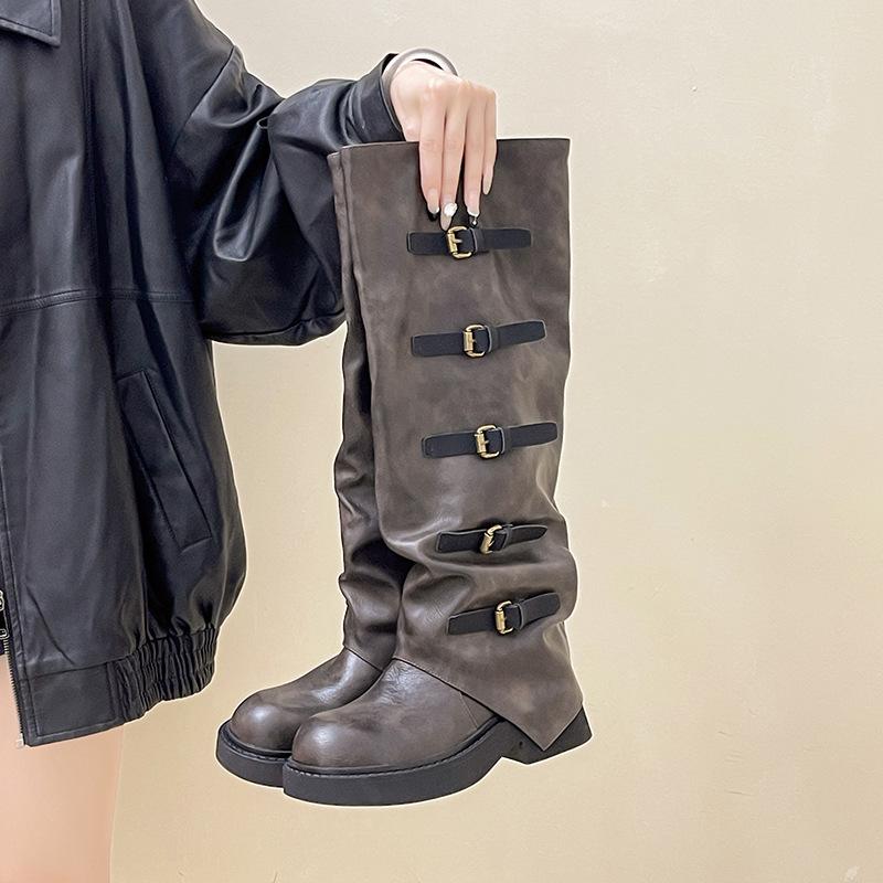 Vintage belt buckle pleated leather boots autumn fashion versatile stacking boots women's outer wear sequined cloth knight boots pant tube boots