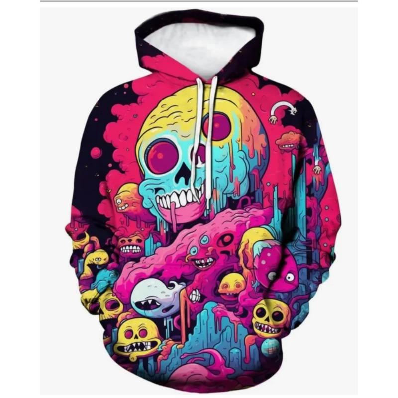 Felpa con Cappuccio Stampa 3D Motivo Teschio Horror Elemento Autunno Inverno Uomo e Donna Pullover Casual Nero Adatto per l'Uso Quotidiano
