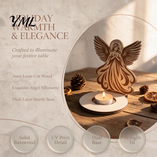 Stable Wooden Base Candle Holder, Praying Angel Tabletop Tealight Stand, Religious Poplar Plywood Ornaments Decorative Candlestick for Mantel, Dining