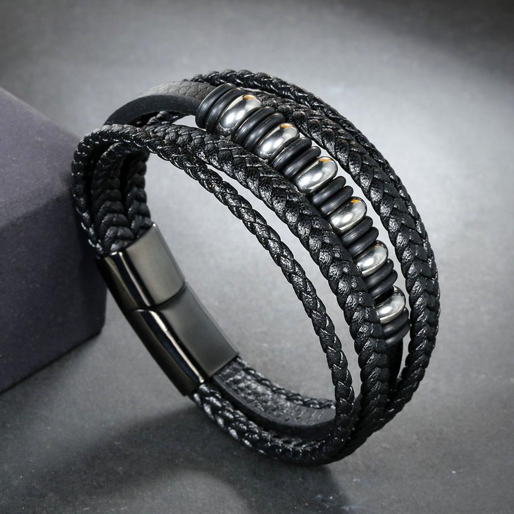 Popular stainless steel leather bracelet, men's multi-layer woven leather bracelet