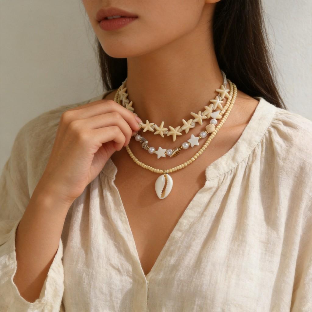 Muschel-Perlenkette mit Perlen-Lagen-Design für Damen Sommer