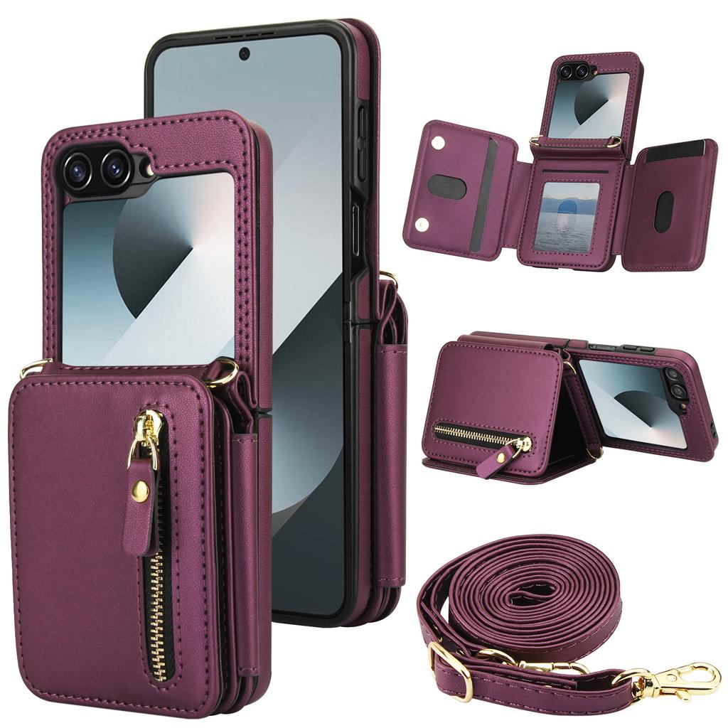 Applicable To Samsung Z Flip6 Mobile Phone Leather Case Z Flip5 Solid Color Card Zipper Change Bag Diagonal Strap Card Bag