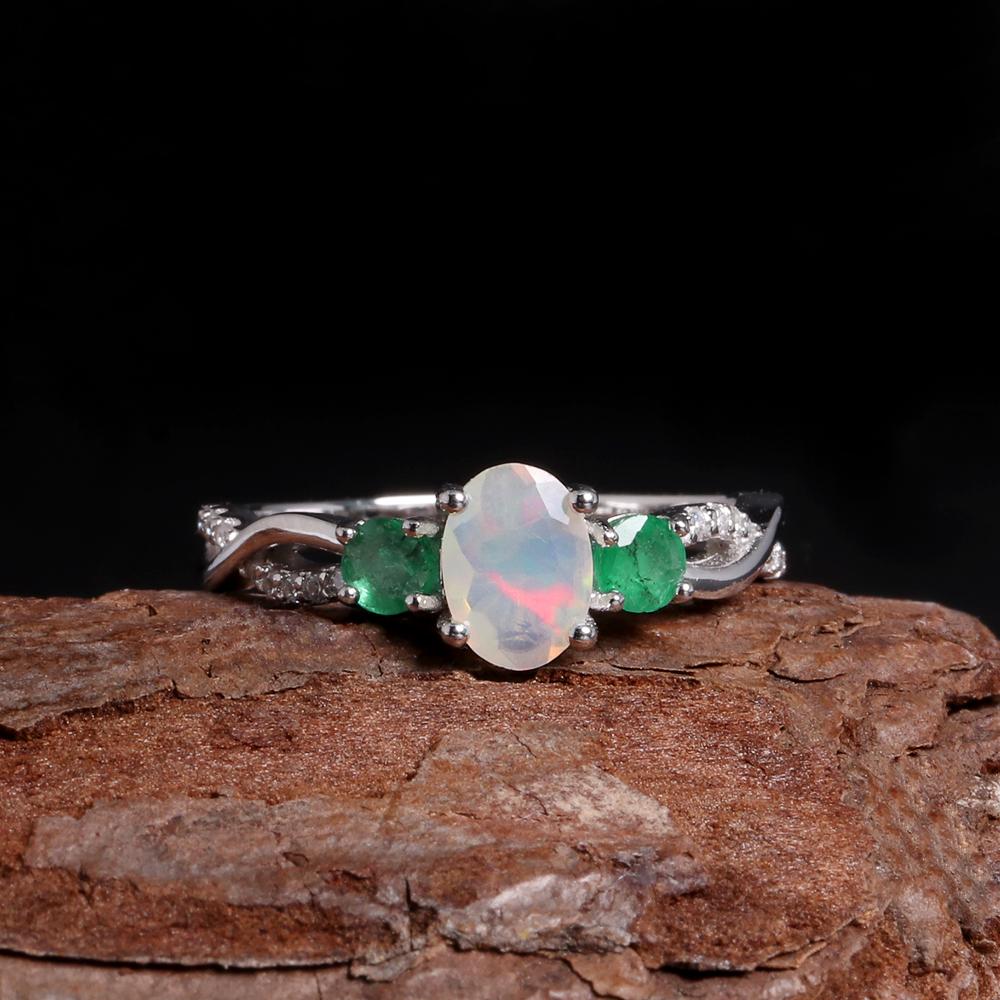 Noble Elegance October and May Birthstone Natural Opal with Green Emerald Ring 925 Silver Gemstone Jewelry for Women
