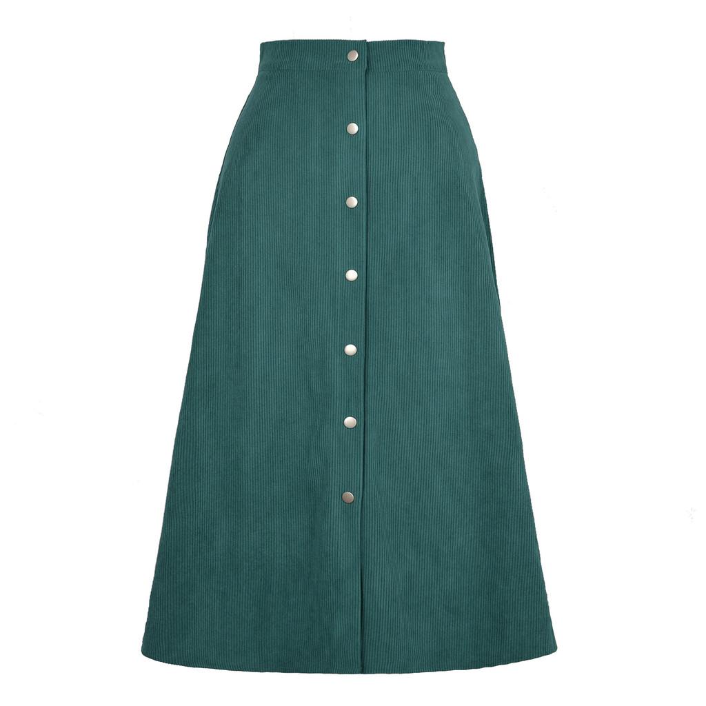 Corduroy High Waist Midi Skirt With Button Closure For Office And Fall Season