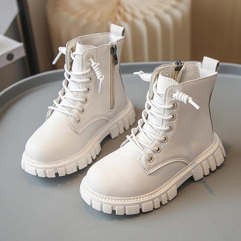 Spring Autumn Girls Ankle Boots Fashion School Kids Leather Boots Thick Bottom Non-slip Children's Platform Causal Boots Black