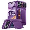 With Card Holder Sliding Camera Cover And Stand For iPhone 17 Pro Max Phone Case, Anti-Fall PC+TPU Wallet Case-Purple