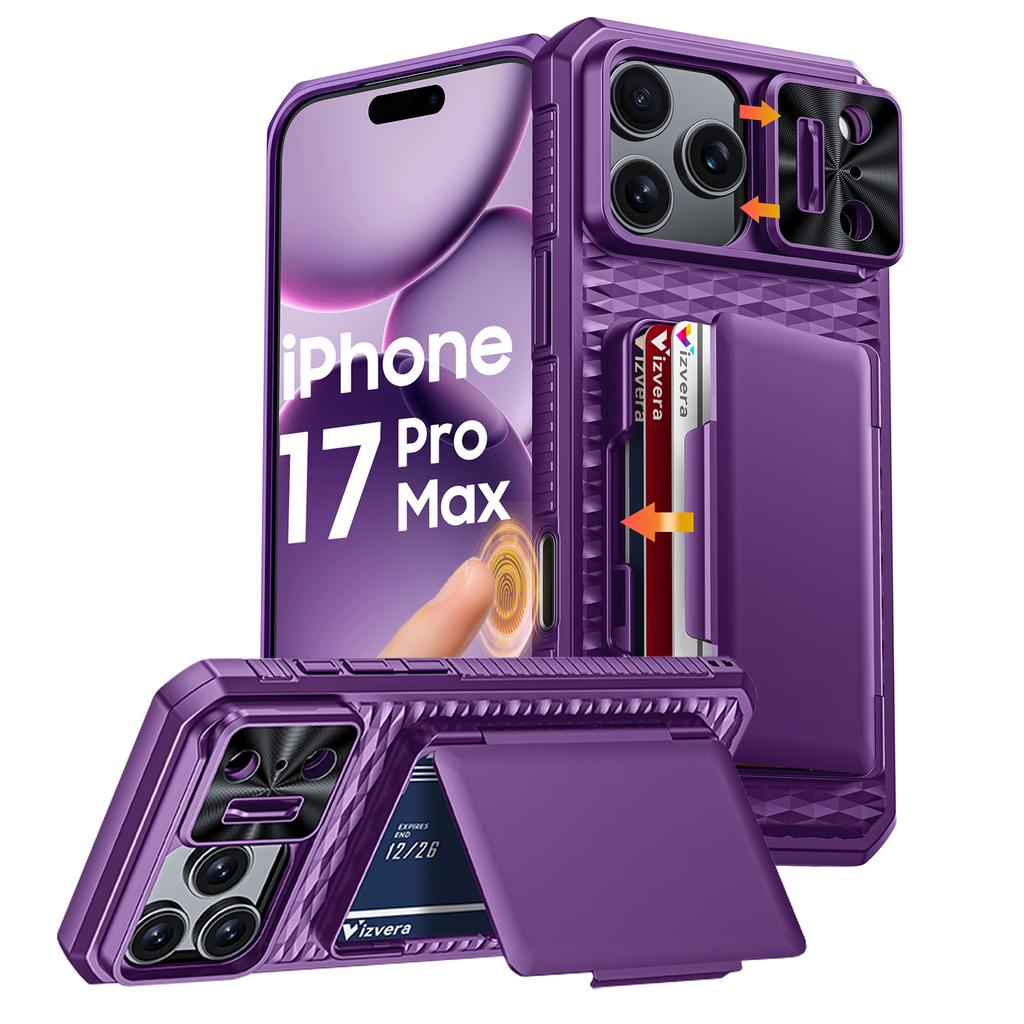 Mit Kartenhalter, Schiebefach für die Kamera und Ständer für iPhone 17 Pro Max Handyhülle, Anti-Fall PC+TPU Brieftaschenhülle - Champagner