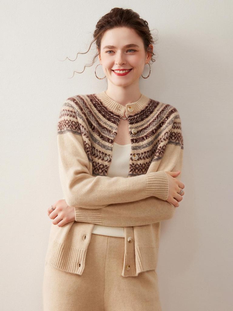 Women's Fair Isle Cashmere Button-Up Cardigan - Round Neck, Loose Fit, Thick, Autumn/Winter Style.