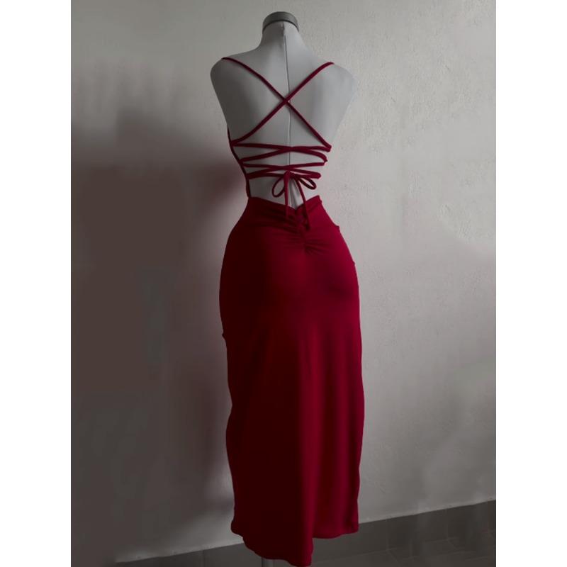Sexy Backless Lace Up Split High Waist Slim Long Suspender Party Dress For Women