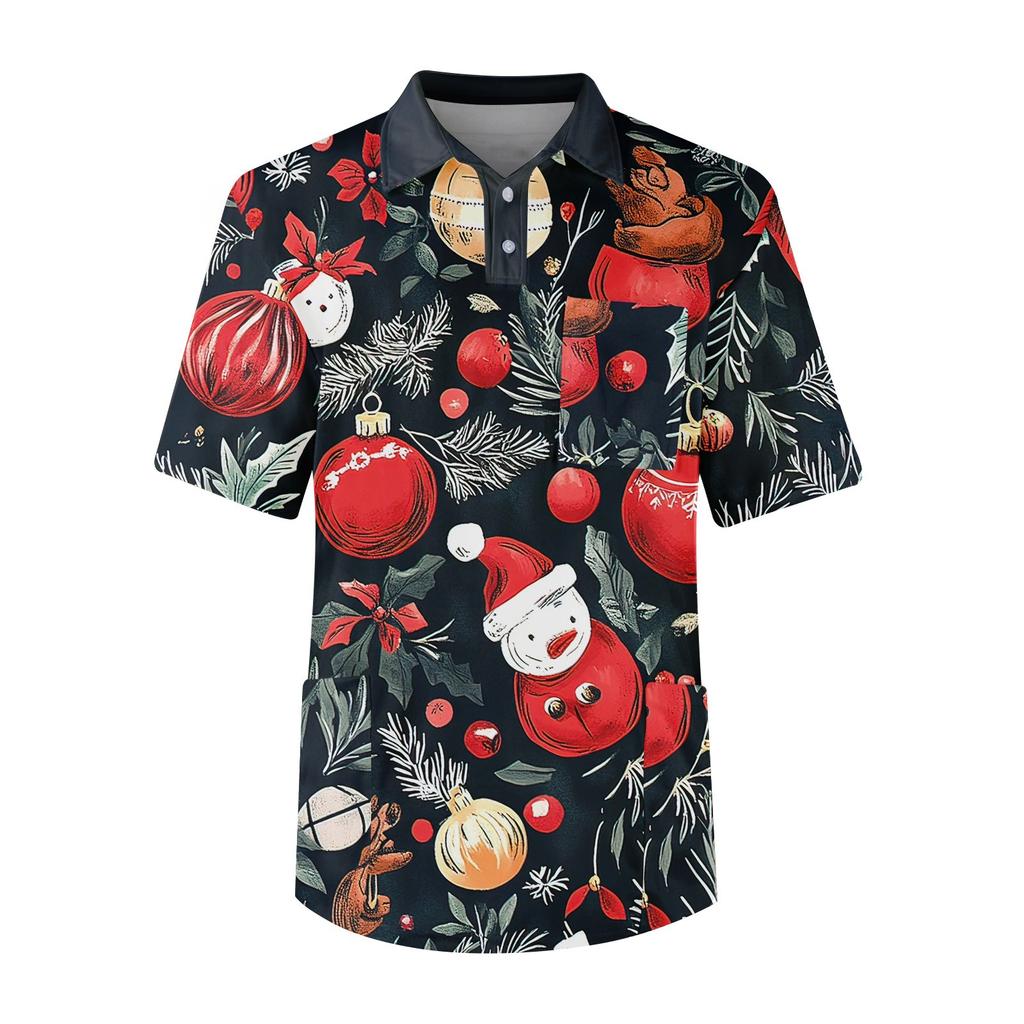 Men's Short Sleeve Button Lapel Christmas Prints Chest Pocket Dry-nurse Top
