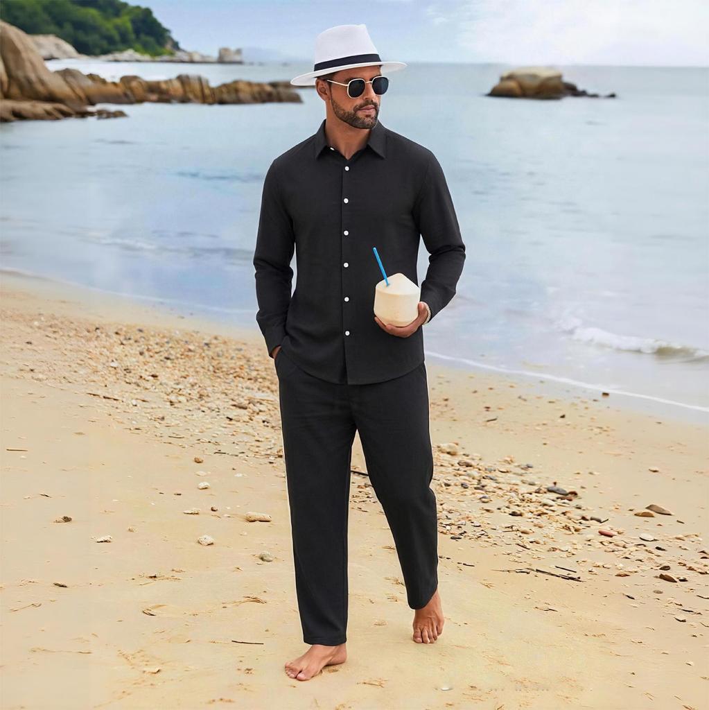 Men's Linen Relaxed Fit Long Sleeve Shirt and Pants Beach Set for Summer