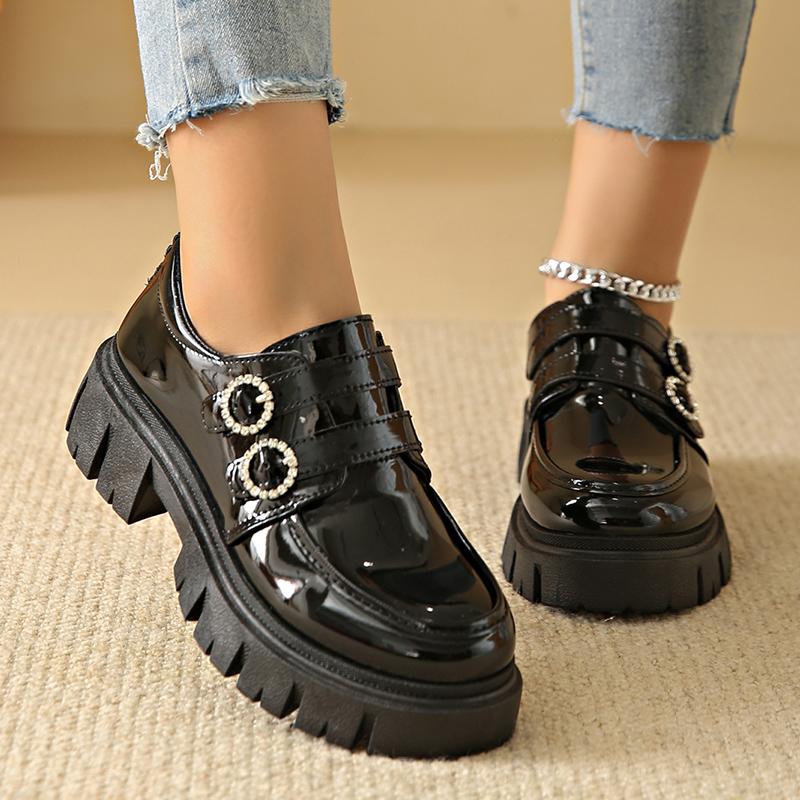 fashion Crystal Buckle Chunky Heels Pumps Women Black Patent Leather Platform Loafers Woman Thick Bottom Non-Slip Gothic Shoes Ladies