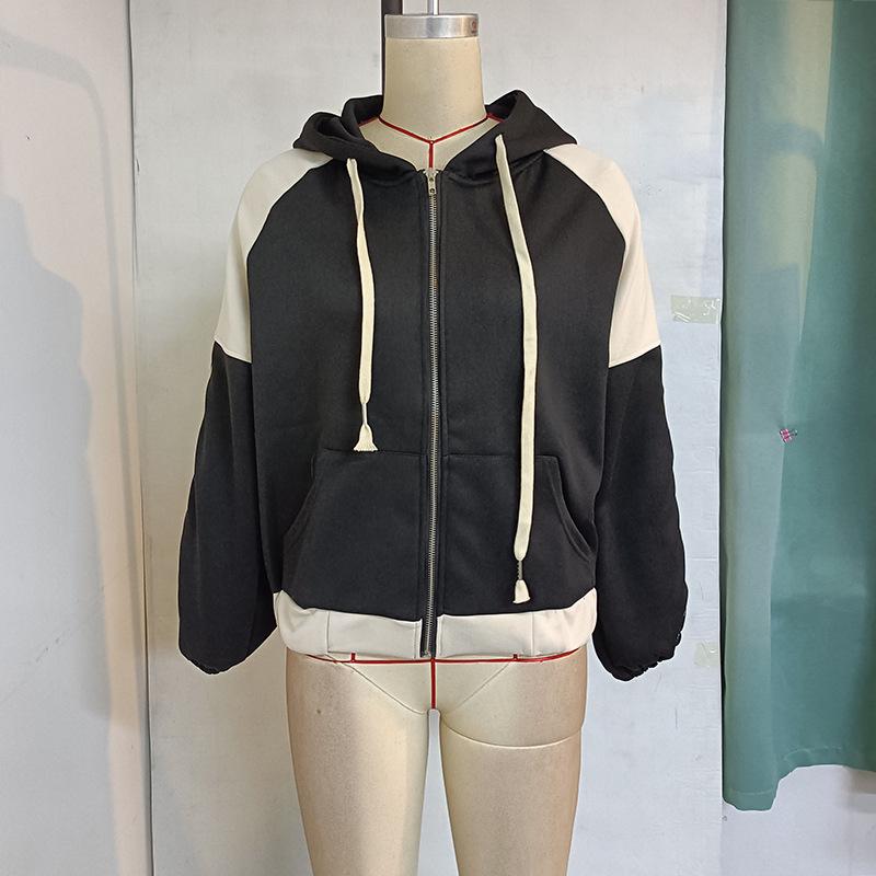 Autumn Women's Clashing Color Splicing Loose Hooded Zipper Jacket