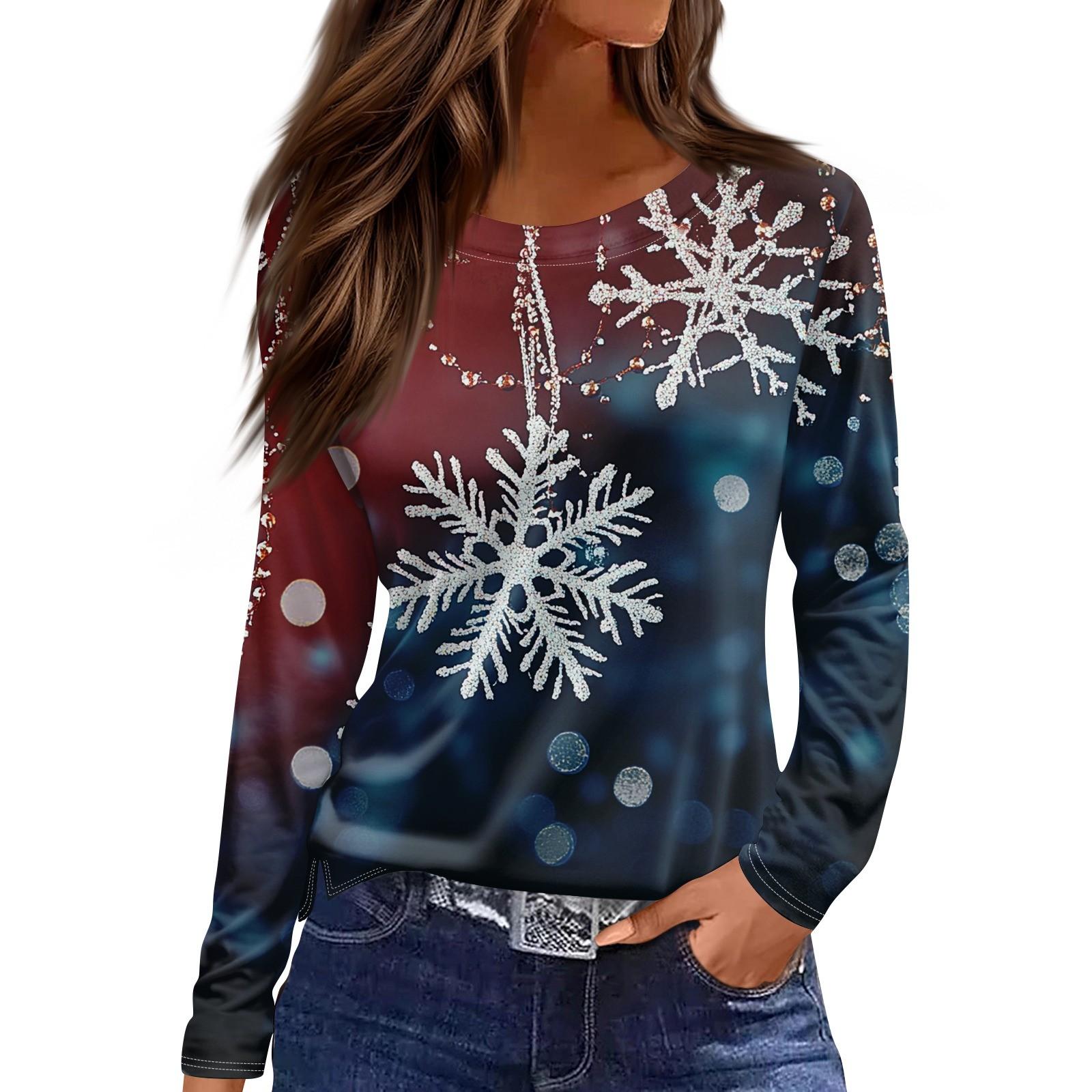 

Женская модная повседневная футболка с разрезом и круглым вырезом, длинным рукавом, с рождественским принтом XXXL