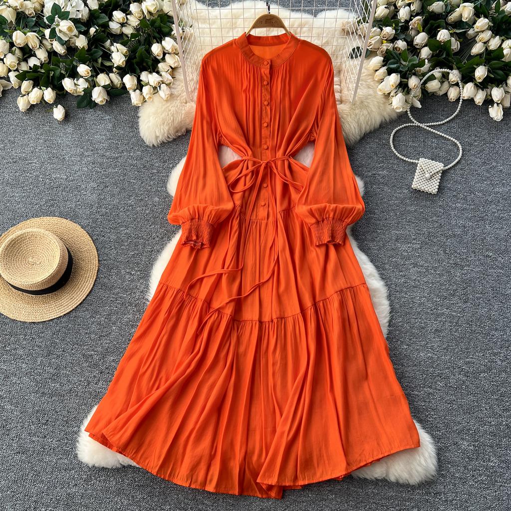Frenchic Vintage Maxi Dress Women Stand Collar Lantern Sleeve Lace-up Female A-line Elegant Dresses Spring Autumn