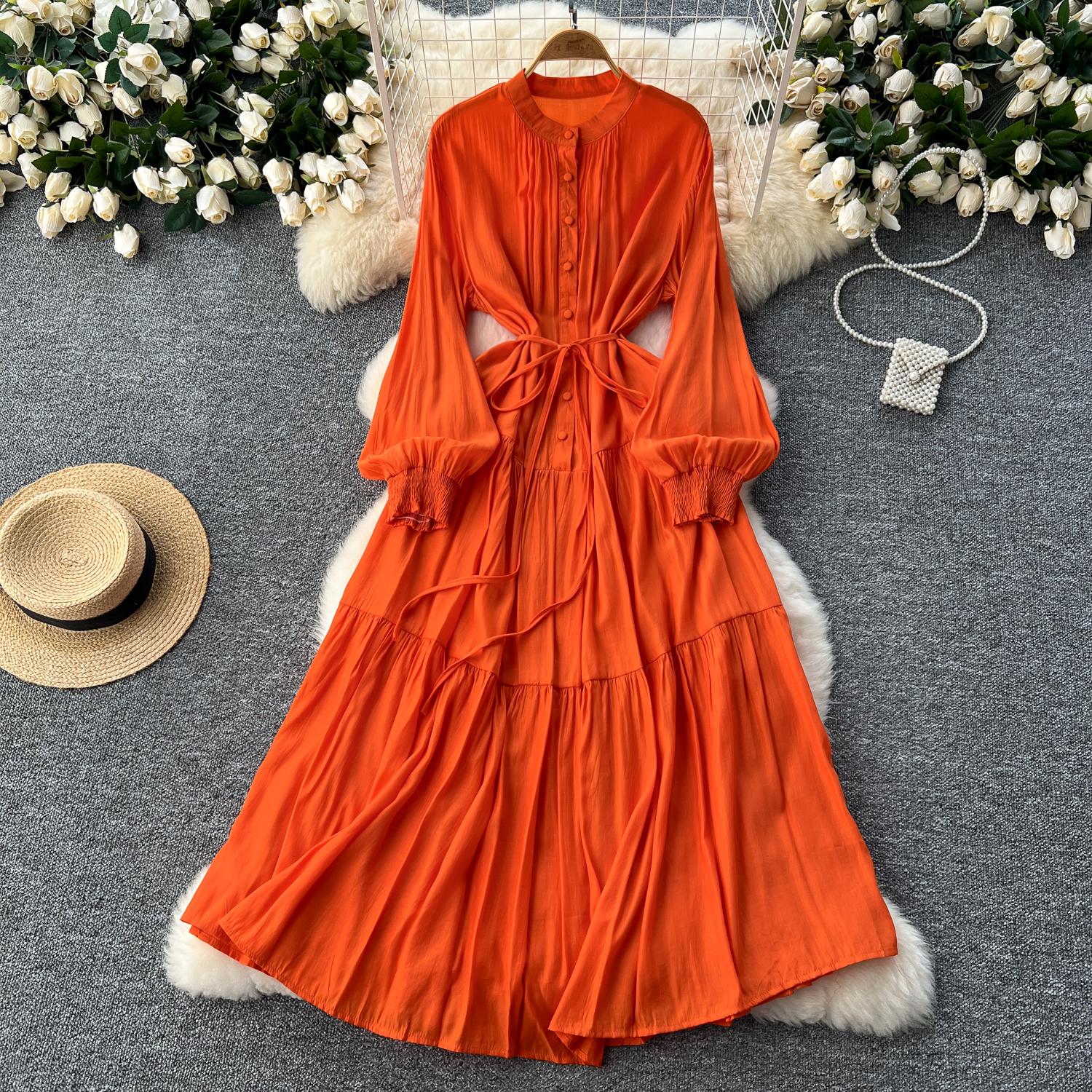 

Французское винтажное макси-платье для женщин с воротником-стойкой и рукавами-фонариками на шнуровке, женские элегантные платья А-силуэта, весна-осень One Size оранжевый