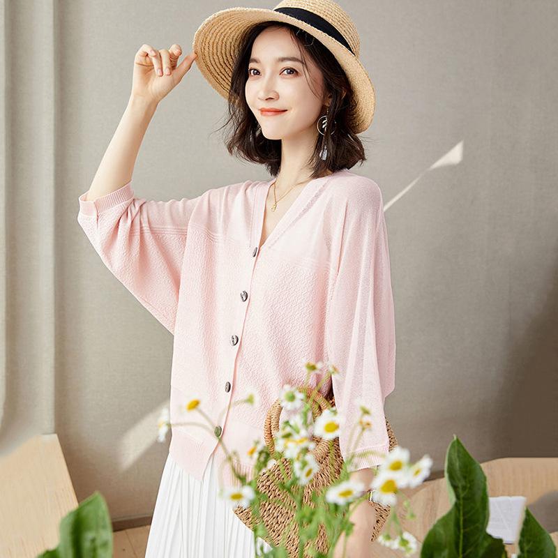 Women V Neck Patchwork Knit Cardigan 3/4 Batwing Sleeve Thin Open Front Sun Protection Casual Knitted Outerwear