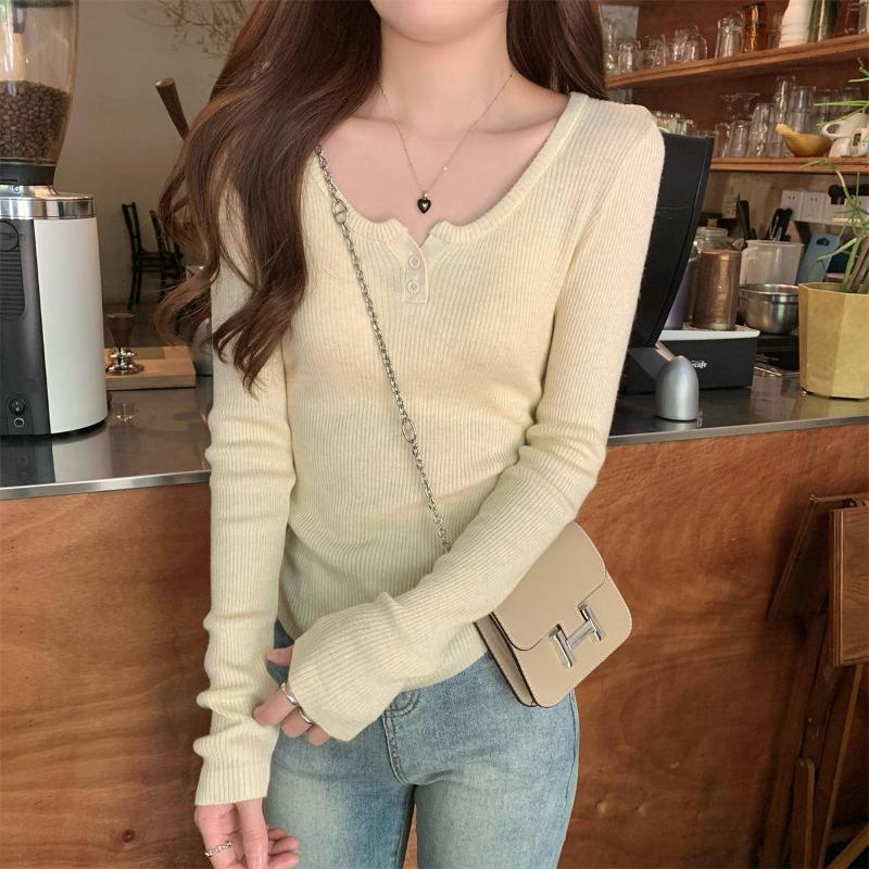 Milk Yellow Threaded Semi-open Neck Slim-fitting Knitted Shirt Women's Autumn and Winter Thin Pit Strip Design Sense Long-sleeved Bottoming Top