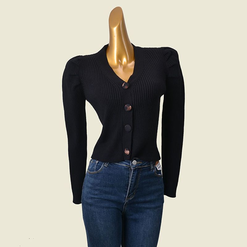 Korean Style Retro Puff Sleeve V Neck Silm High Waist Knit Outwear New New Arrival Western Style Figure Flattering Knit Cardigan