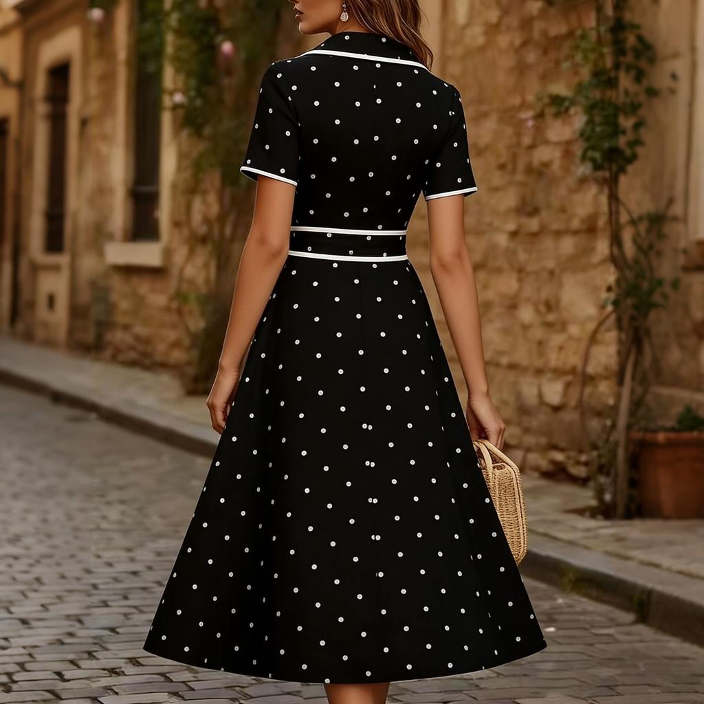 Damska sukienka w kropki z dekoltem w serek, zapinana na guziki, z paskiem w talii, z krótkim rękawem, midi, w stylu casual-eleganckim