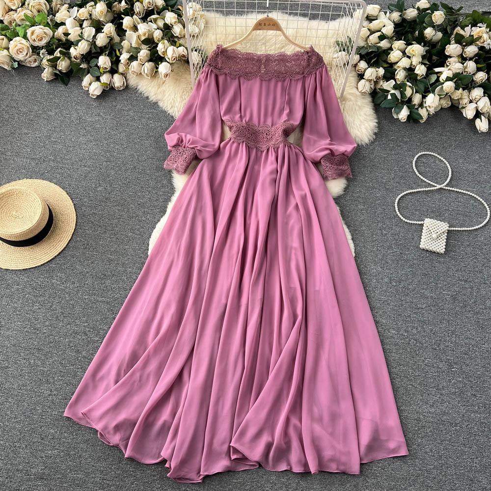 

Ретро платье макси с разрезом вырезом и длинными рукавами-фонариками, кружевное лоскутное платье на молнии, однотонное женское элегантное винтажное платье для пожилых людей One Size розовый