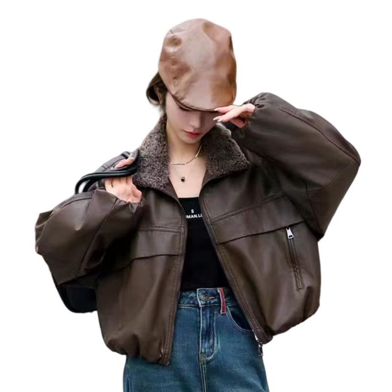 2024 Korean Style Casual Plush Lapel Leather Jacket - Fleece-Lined and Versatile