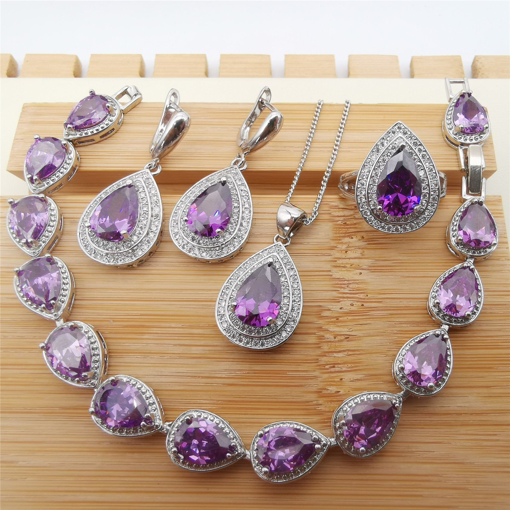 

Jewelry Set of Four Pieces, Pear Shaped Amethyst Inlaid with Precious Stone Necklace, Elegant Earrings