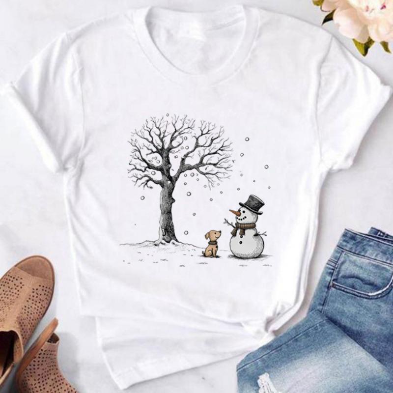 Cute Christmas Snowman Christmas Cute Snowman Printed Cotton Fashion Short Sleeve Casual T-Shirts Women’s