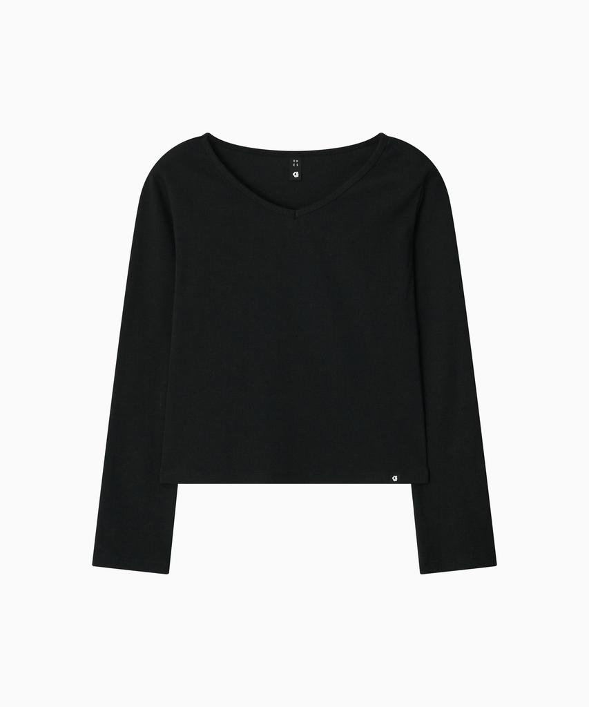 Ohesio Basic Ribbed V-Neck Long Sleeve, Black