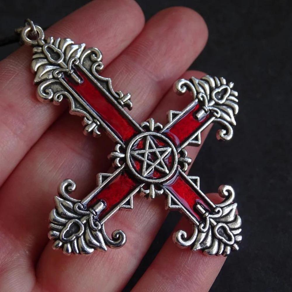 Retro Fashion Ancient Silver Carved Five-pointed Star Symbol Cross Pendant Necklace for Men Women Halloween Exquisite Jewelry