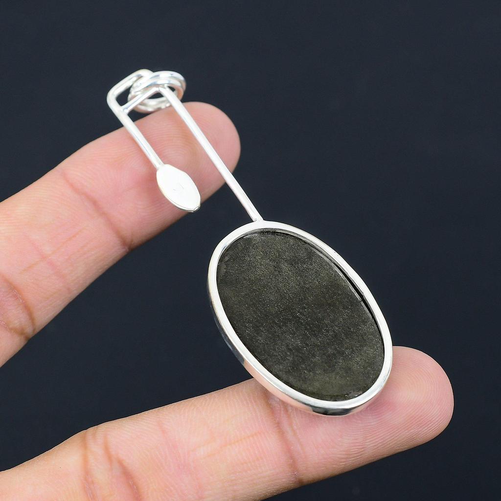 Sisters Day Sale Oval Natural Silver Sheen Obsidian Pendant 925 Sterling Silver