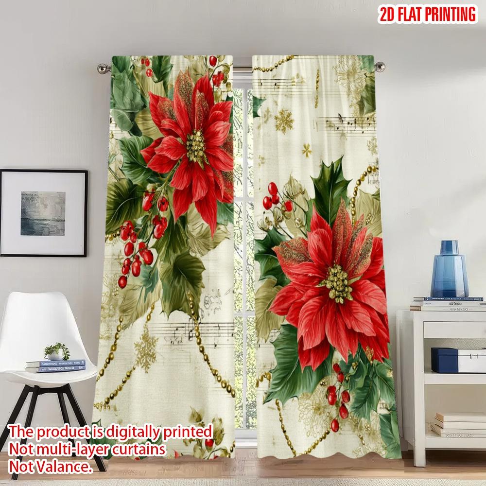 

Flat Printing Merry Christmas Trendy Curtains Holly Poinsettia Digital Printed Polyester Drapes Family Party Curtain Set Of 2 Made Washable W100*H70(CM)-Grommet top&1PCS