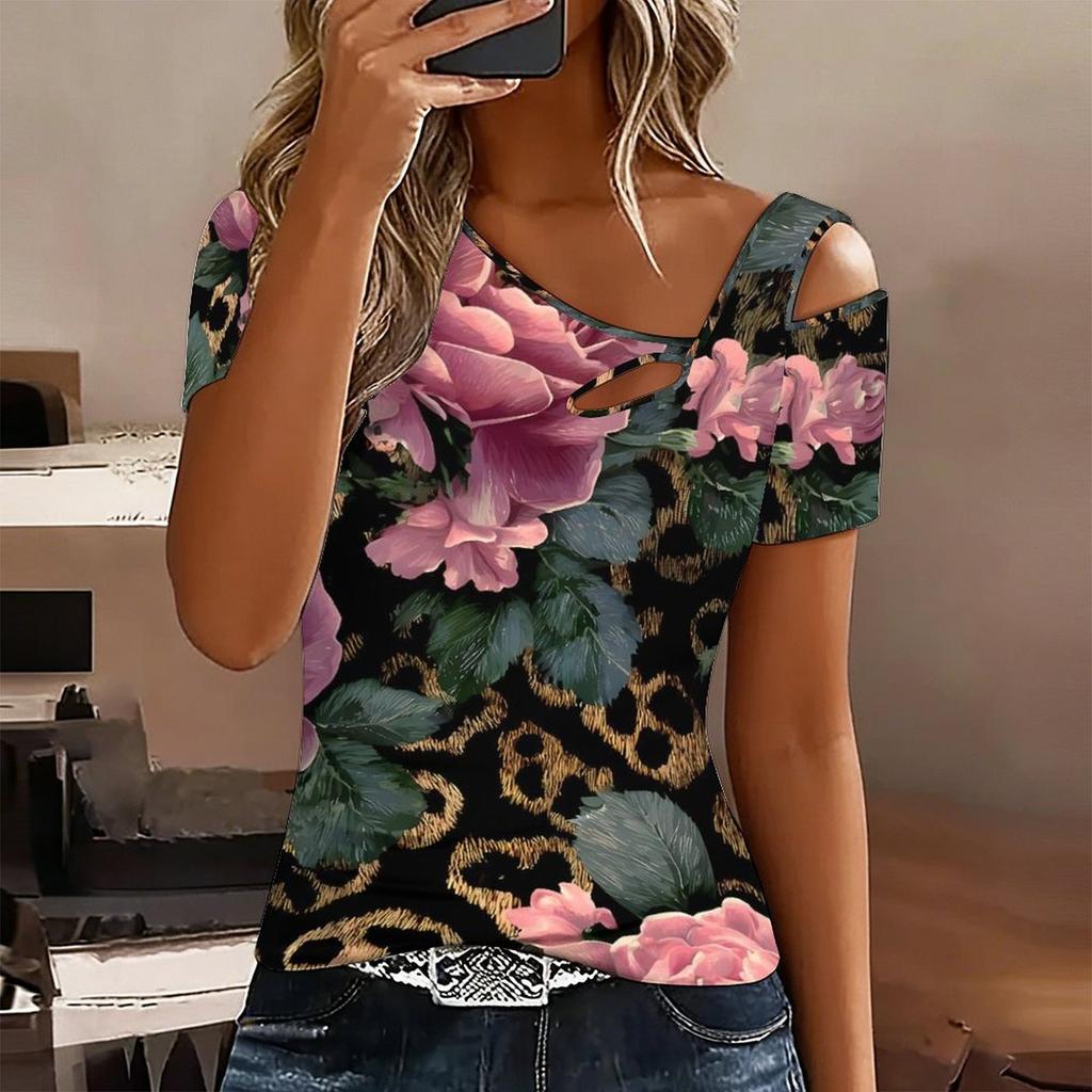 Women Leopard Print Cold Shoulder Short Sleeve T Shirt Irregular Cutout Neck Casual Summer Blouse Top